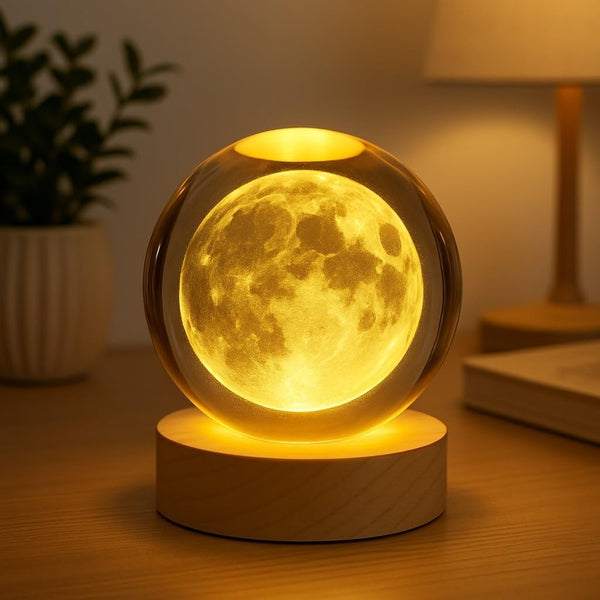 3D Crystal Moon Lamp | Engraved Crystal Ball LED Night Light with Wooden Base, USB Powered | Romantic Home Décor & Valentine Day Gift for Her, Him & Couples (Warm White)