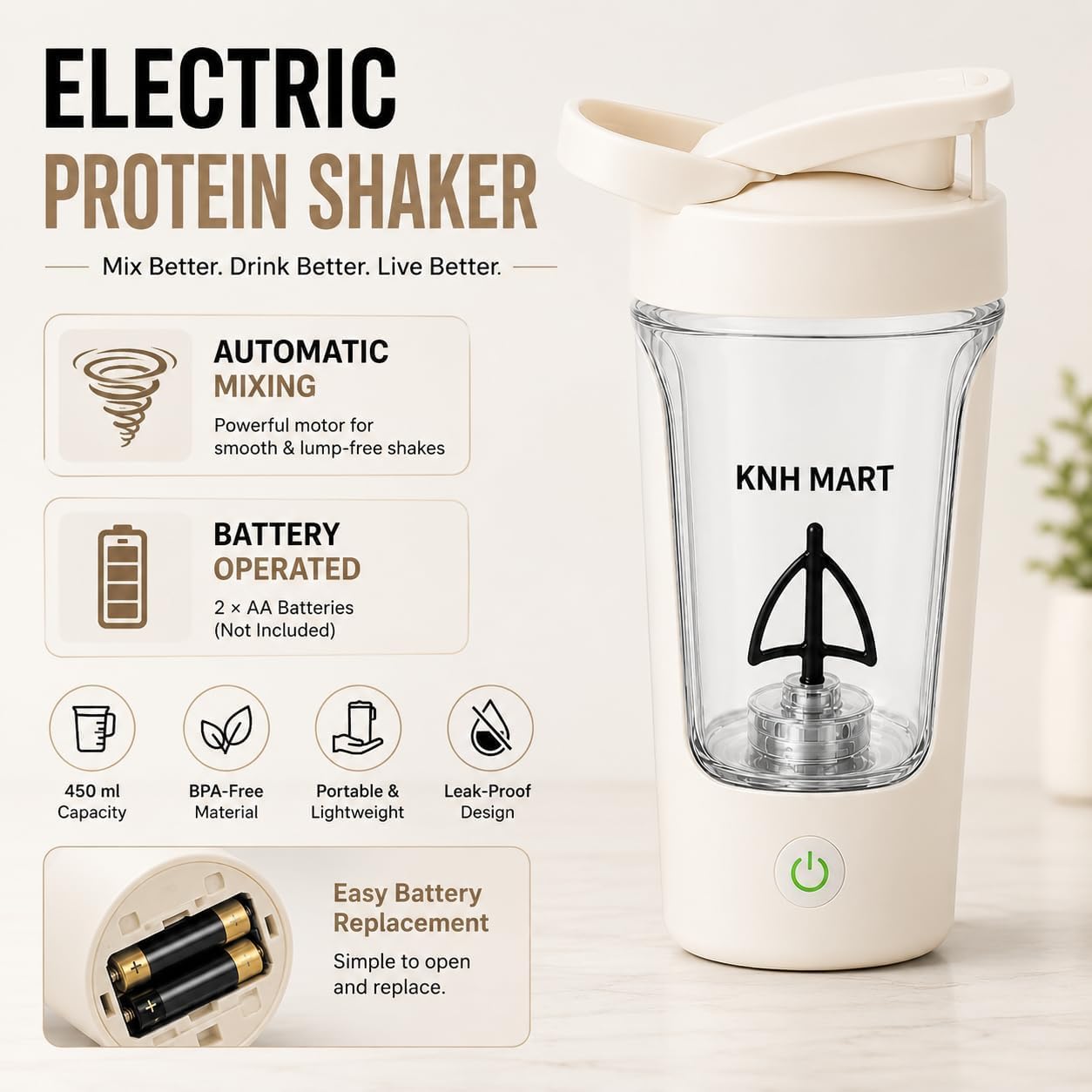 450ml Electric Protein Shaker Bottle Automatic Shaker Blender Mixer Bottle Automatic Mixing Gym Shaker Cup Portable Blender Bottle for Protein Shake Mixer Gym Bottle