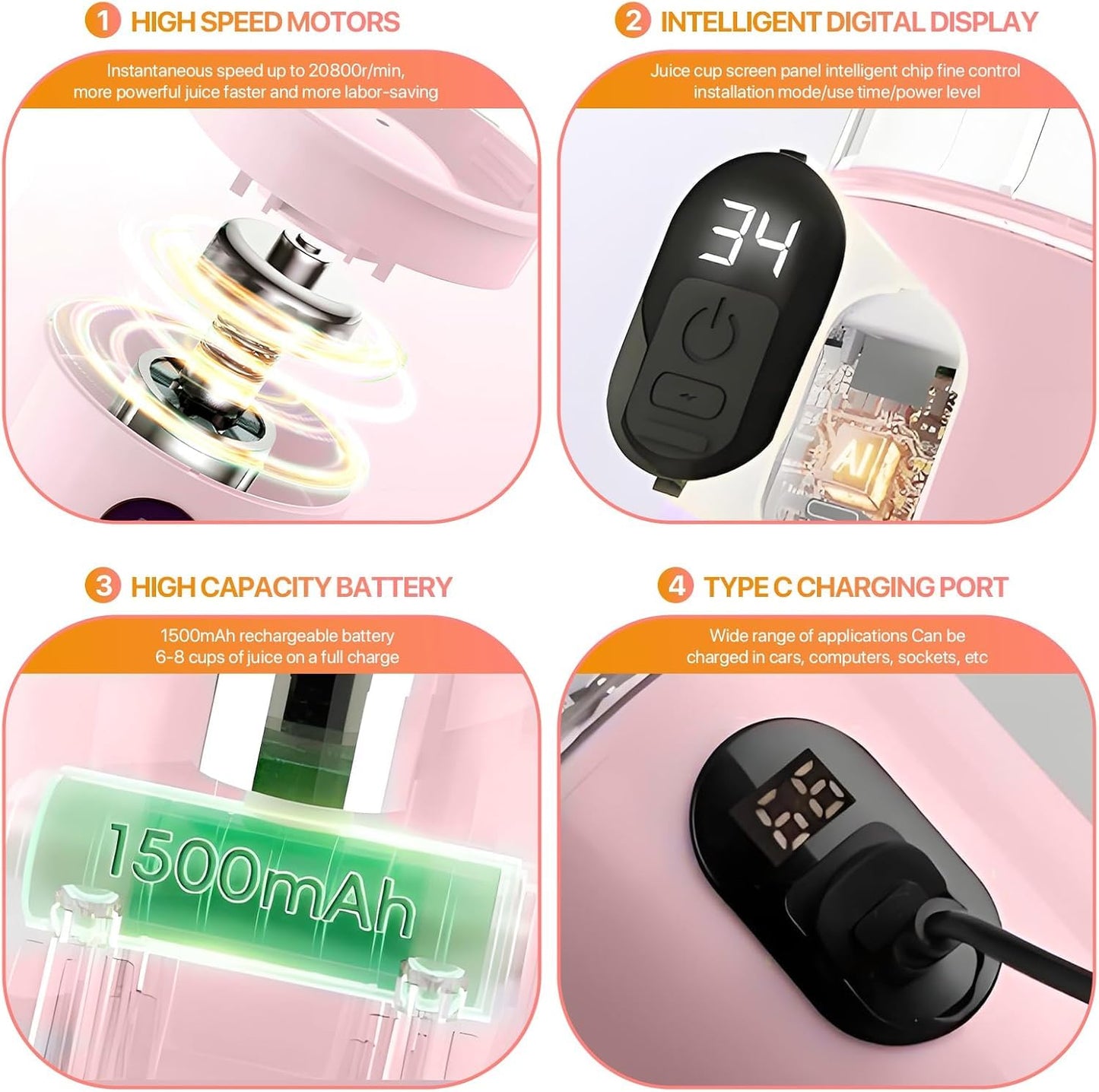 Portable Blender Electric Juicers Fruit Mixers USB Rechargeable Smoothie Mini Personal Juicer 6 Blades 3Gears With 1500 Mah Rechargeable Battery-Smoothie Blender