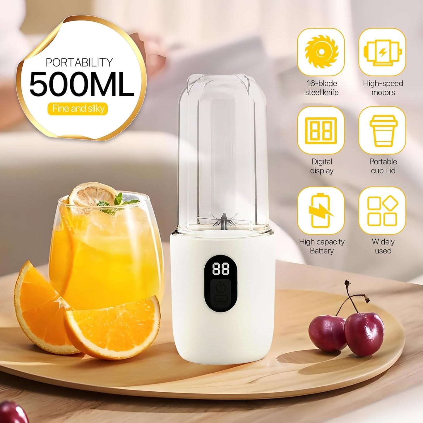Portable Blender Electric Juicers Fruit Mixers USB Rechargeable Smoothie Mini Personal Juicer 6 Blades 3Gears With 1500 Mah Rechargeable Battery-Smoothie Blender