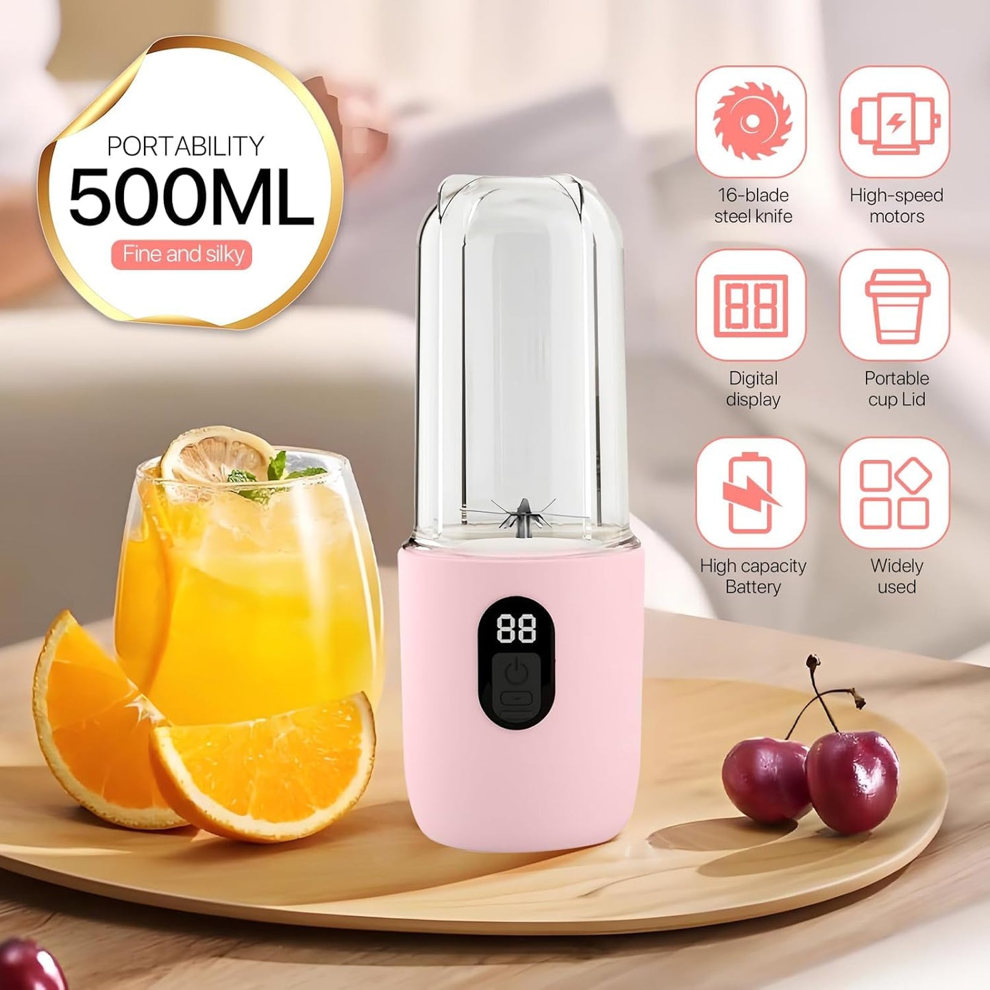 Portable Blender Electric Juicers Fruit Mixers USB Rechargeable Smoothie Mini Personal Juicer 6 Blades 3Gears With 1500 Mah Rechargeable Battery-Smoothie Blender