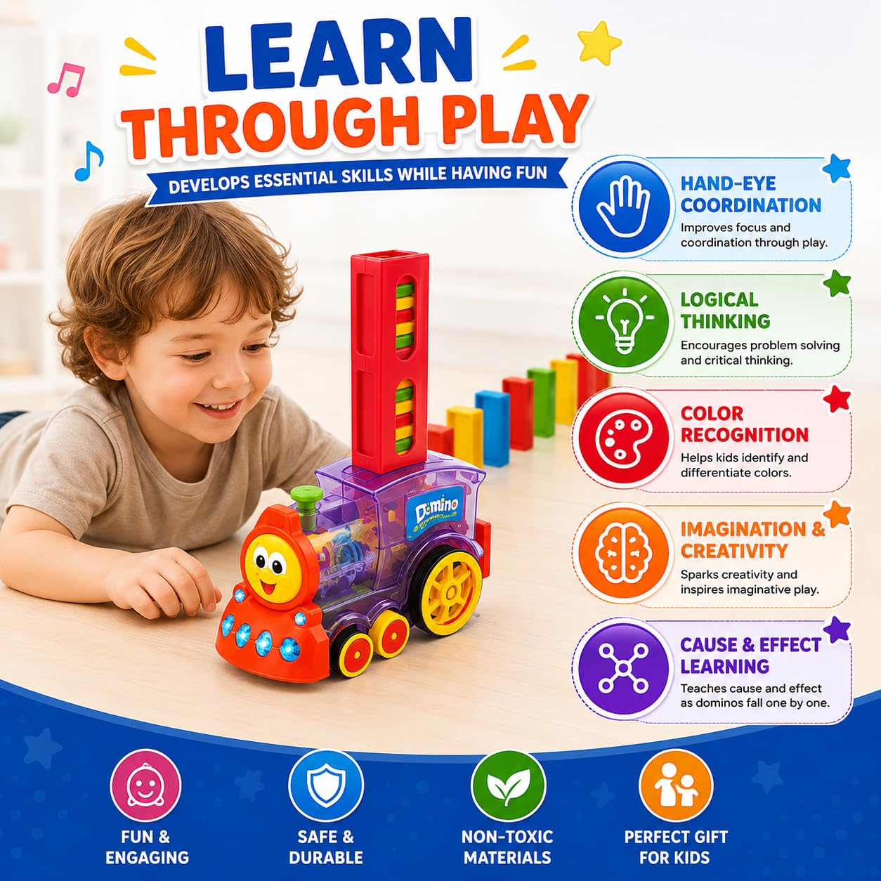 Reva Selects Domino Train Toy Set for Kids 3+ Years | 40 PCS Automatic Domino Laying Train with Lights & Sound | Educational STEM Building, Construction & Stacking Toy for Boys & Girls