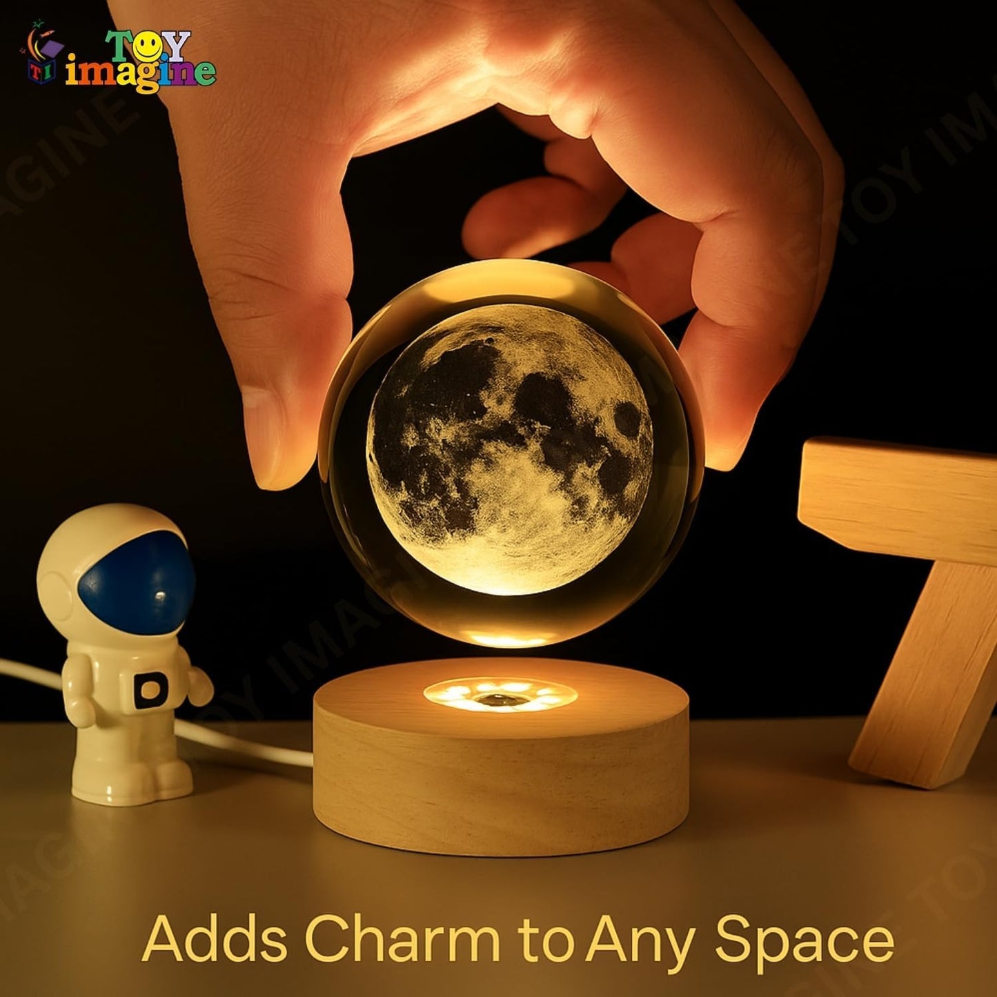 3D Crystal Moon Lamp | Engraved Crystal Ball LED Night Light with Wooden Base, USB Powered | Romantic Home Décor & Valentine Day Gift for Her, Him & Couples (Warm White)