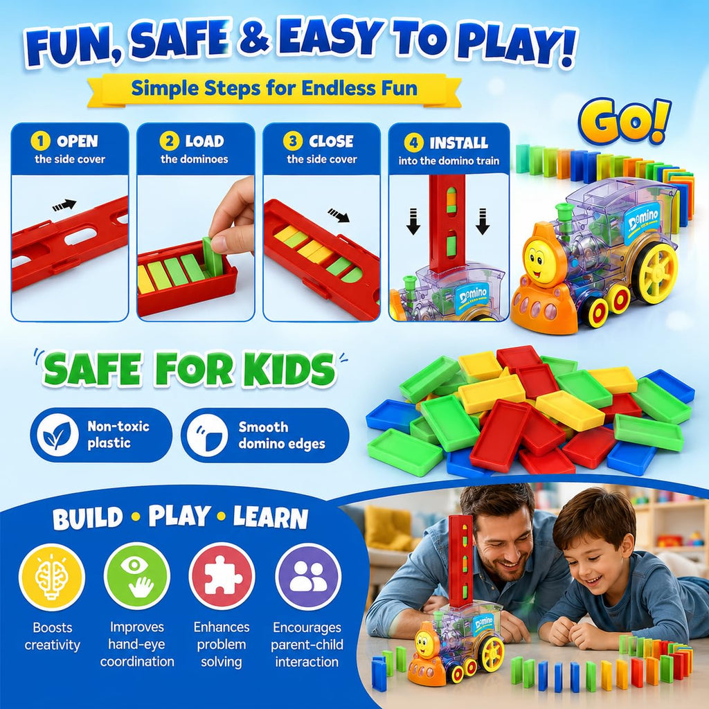 Reva Selects Domino Train Toy Set for Kids 3+ Years | 40 PCS Automatic Domino Laying Train with Lights & Sound | Educational STEM Building, Construction & Stacking Toy for Boys & Girls