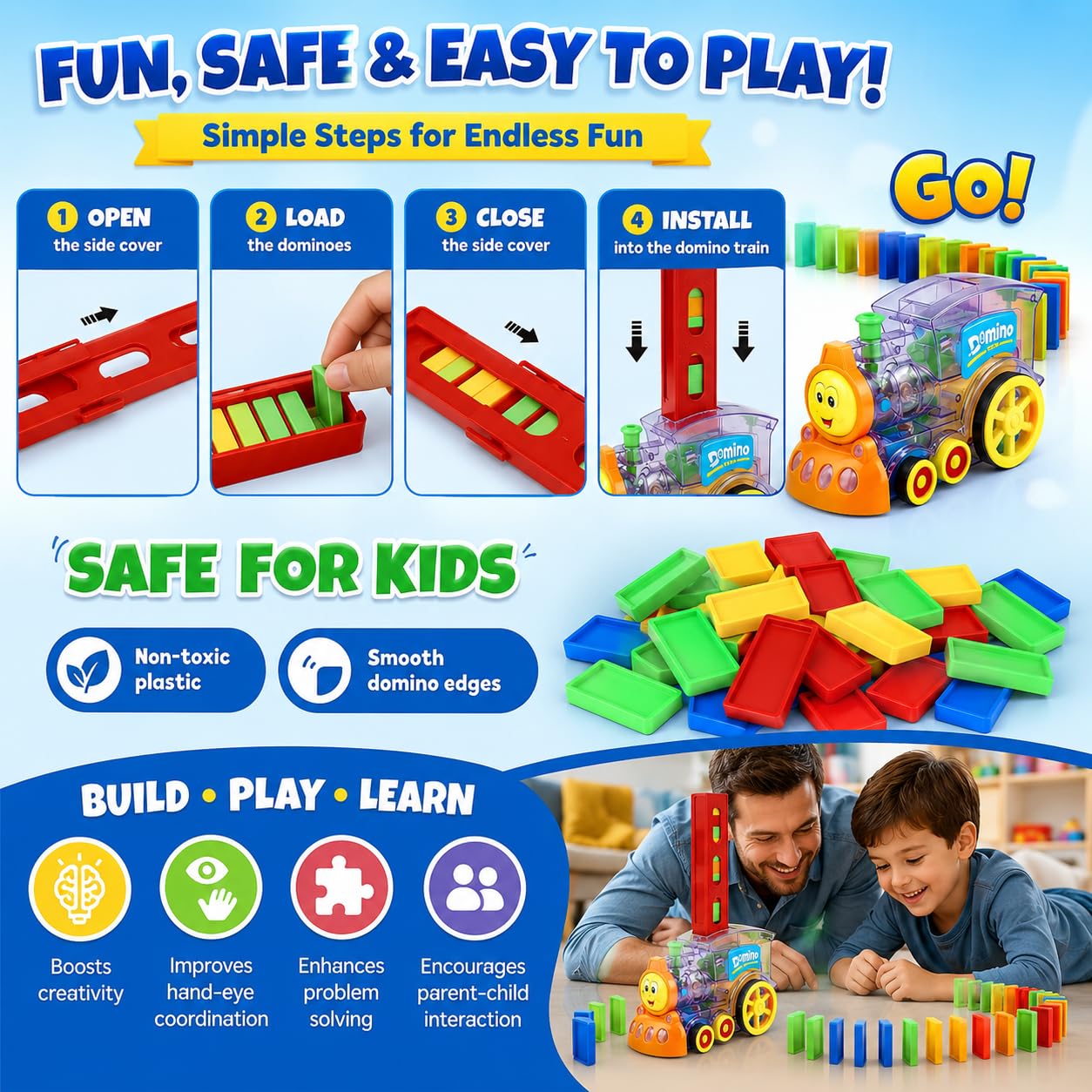 Reva Selects Domino Train Toy Set for Kids 3+ Years | 40 PCS Automatic Domino Laying Train with Lights & Sound | Educational STEM Building, Construction & Stacking Toy for Boys & Girls