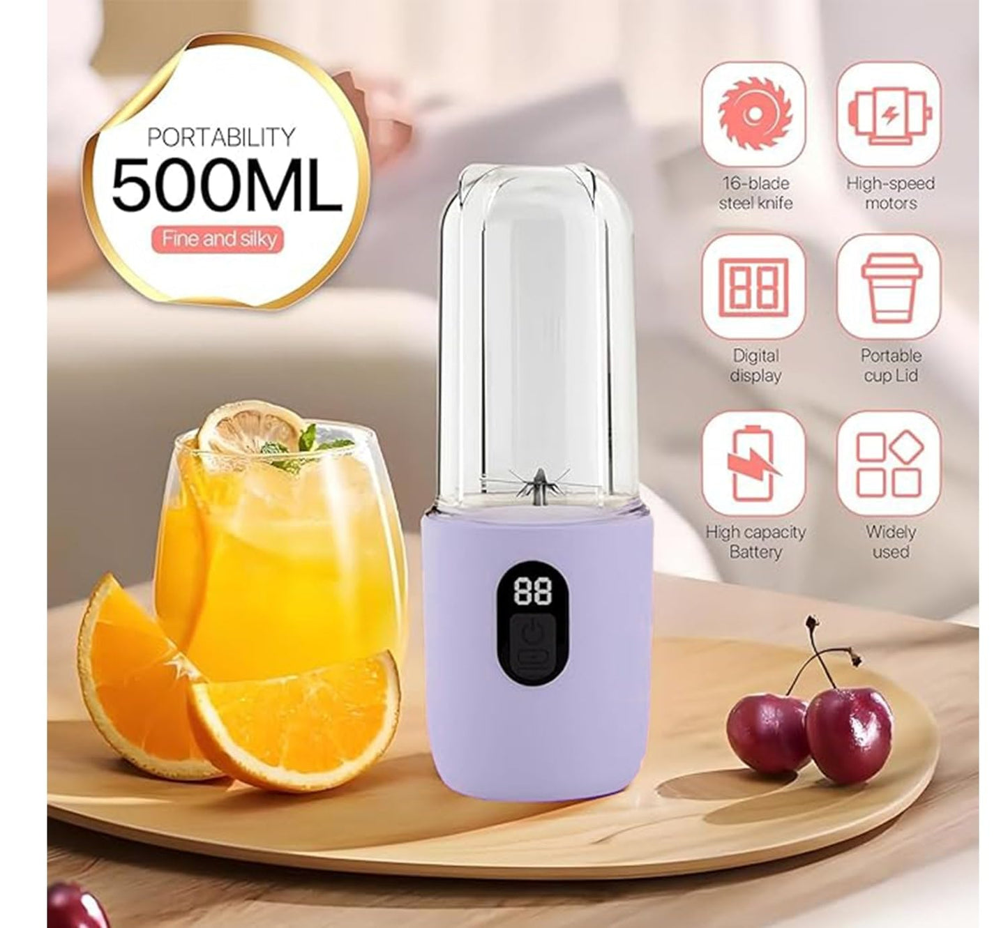 Portable Blender Electric Juicers Fruit Mixers USB Rechargeable Smoothie Mini Personal Juicer 6 Blades 3Gears With 1500 Mah Rechargeable Battery-Smoothie Blender