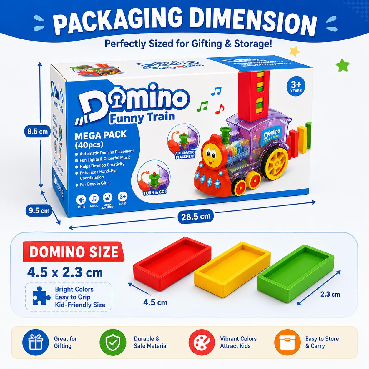 Reva Selects Domino Train Toy Set for Kids 3+ Years | 40 PCS Automatic Domino Laying Train with Lights & Sound | Educational STEM Building, Construction & Stacking Toy for Boys & Girls