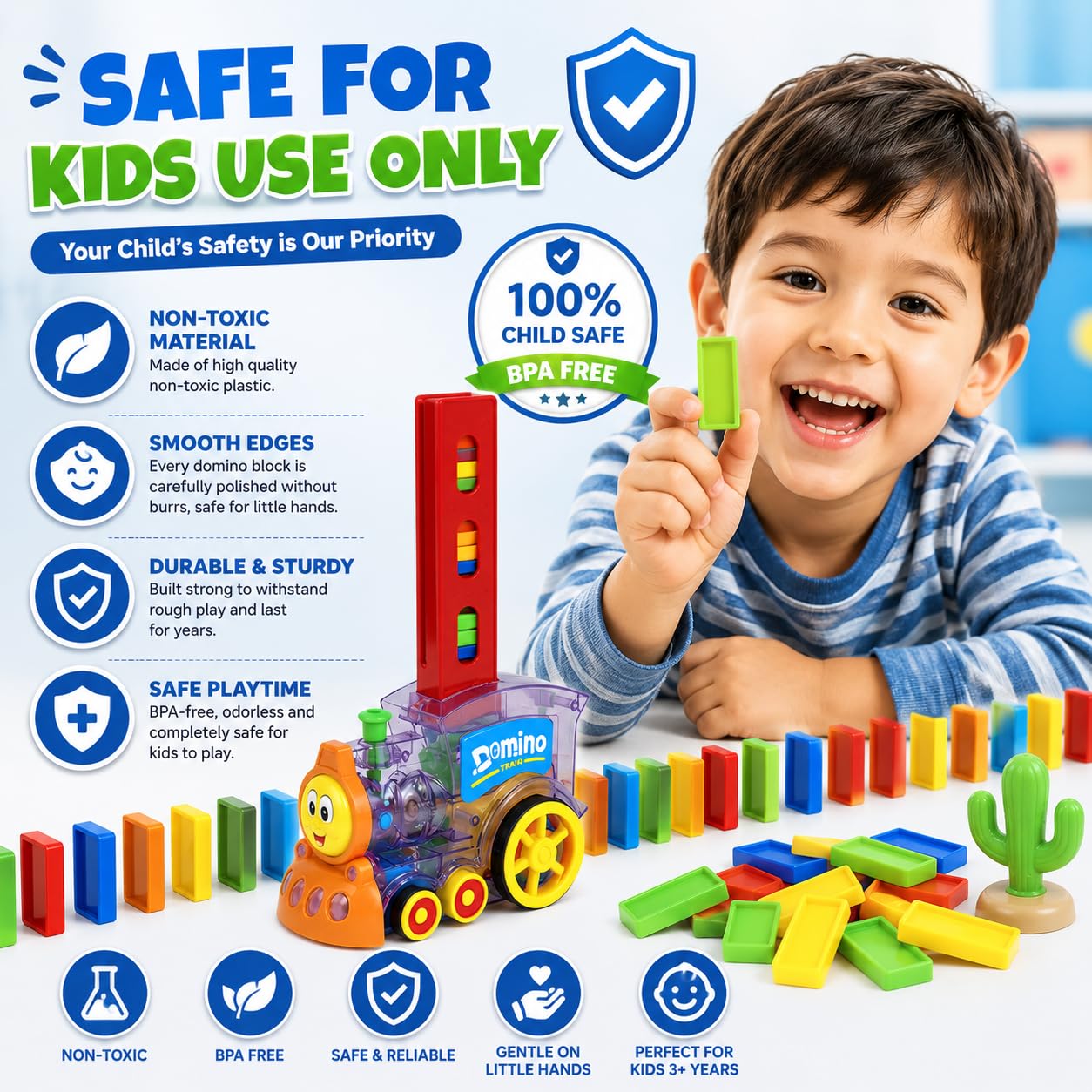 Reva Selects Domino Train Toy Set for Kids 3+ Years | 40 PCS Automatic Domino Laying Train with Lights & Sound | Educational STEM Building, Construction & Stacking Toy for Boys & Girls