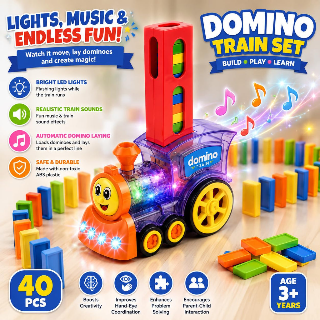 Reva Selects Domino Train Toy Set for Kids 3+ Years | 40 PCS Automatic Domino Laying Train with Lights & Sound | Educational STEM Building, Construction & Stacking Toy for Boys & Girls