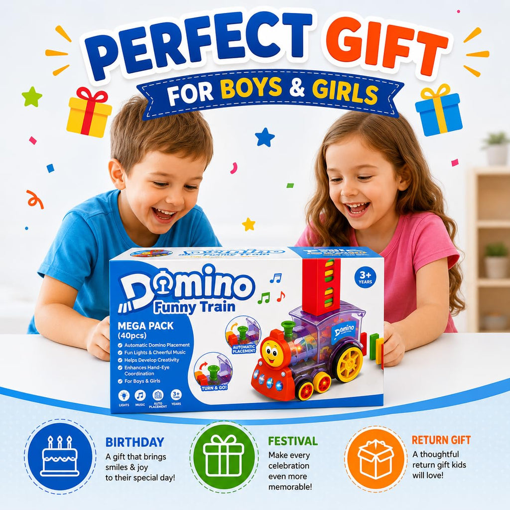 Reva Selects Domino Train Toy Set for Kids 3+ Years | 40 PCS Automatic Domino Laying Train with Lights & Sound | Educational STEM Building, Construction & Stacking Toy for Boys & Girls