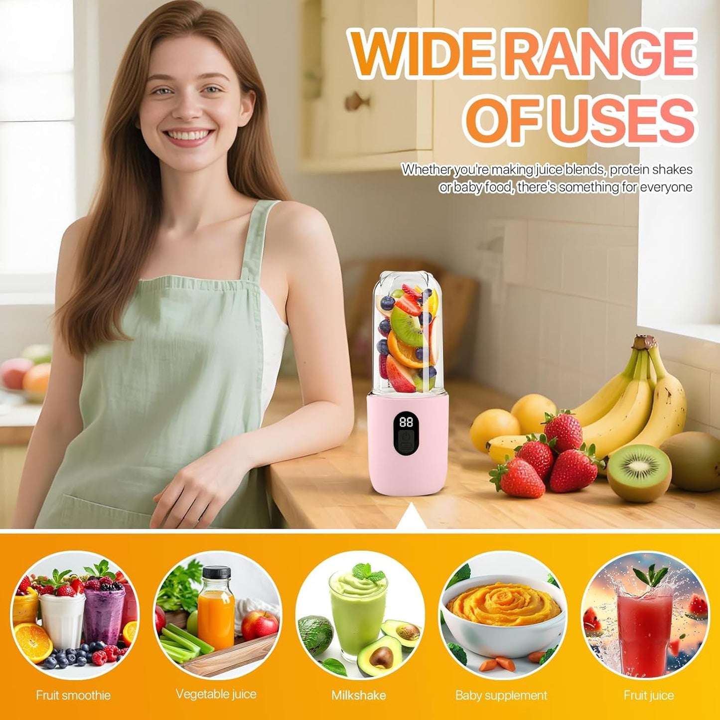 Portable Blender Electric Juicers Fruit Mixers USB Rechargeable Smoothie Mini Personal Juicer 6 Blades 3Gears With 1500 Mah Rechargeable Battery-Smoothie Blender