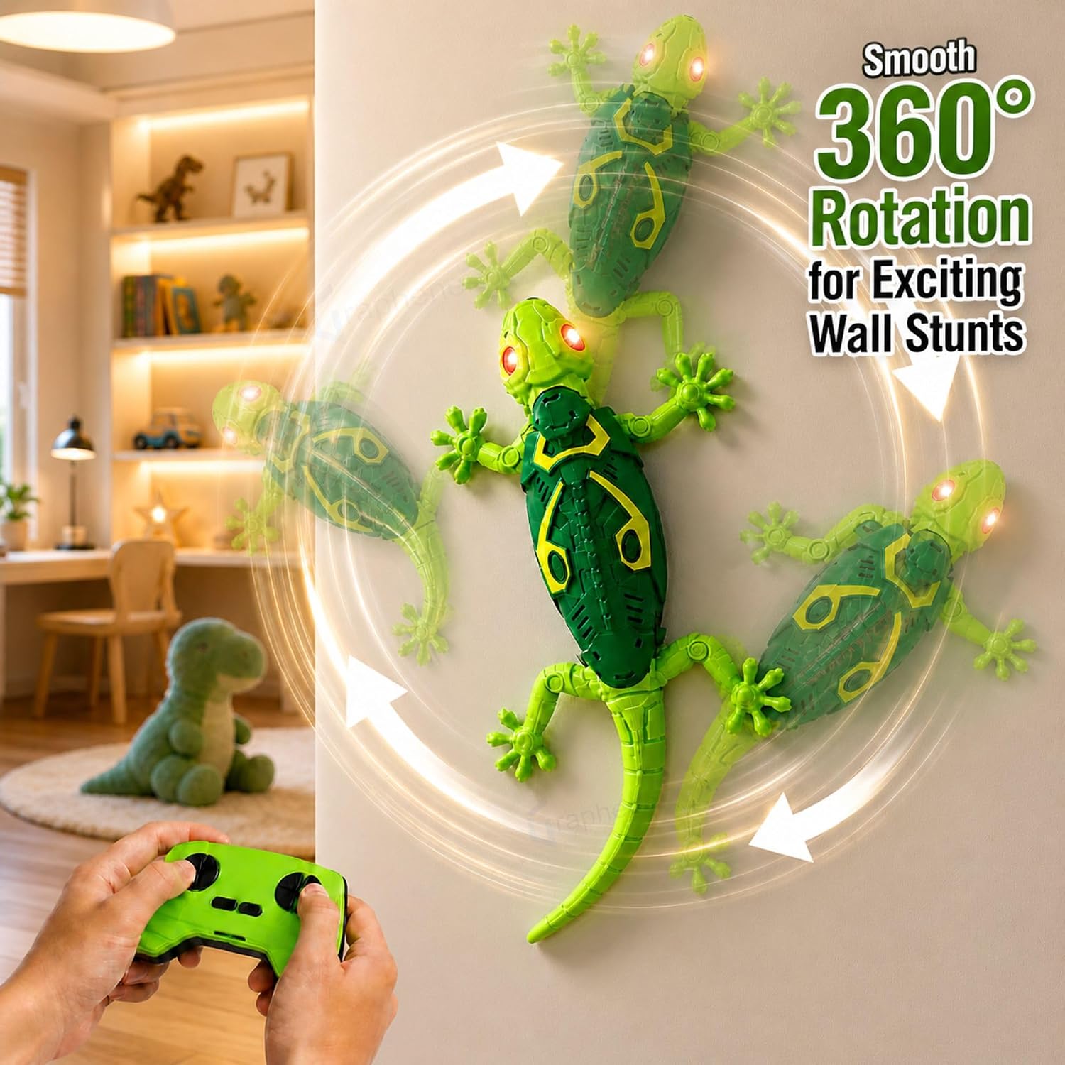 GRAPHENE Wall Climbing RC Toy with Remote Control Rechargeable Creepy Crawler Climbs Walls & Ceilings 360° Stunt RC Glowing LED Eyes Lizard Prank Toy for Kids Boys Girls Birthday Gift (Green)