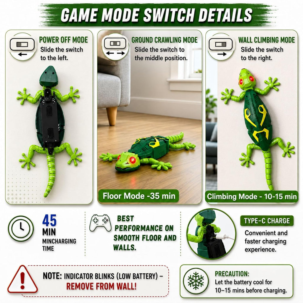 GRAPHENE Wall Climbing RC Toy with Remote Control Rechargeable Creepy Crawler Climbs Walls & Ceilings 360° Stunt RC Glowing LED Eyes Lizard Prank Toy for Kids Boys Girls Birthday Gift (Green)