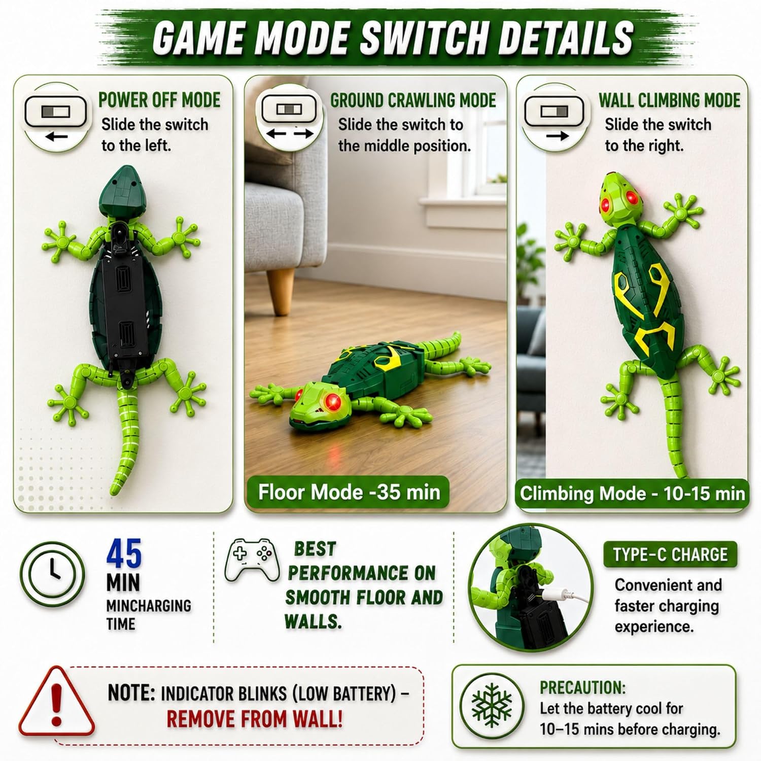GRAPHENE Wall Climbing RC Toy with Remote Control Rechargeable Creepy Crawler Climbs Walls & Ceilings 360° Stunt RC Glowing LED Eyes Lizard Prank Toy for Kids Boys Girls Birthday Gift (Green)