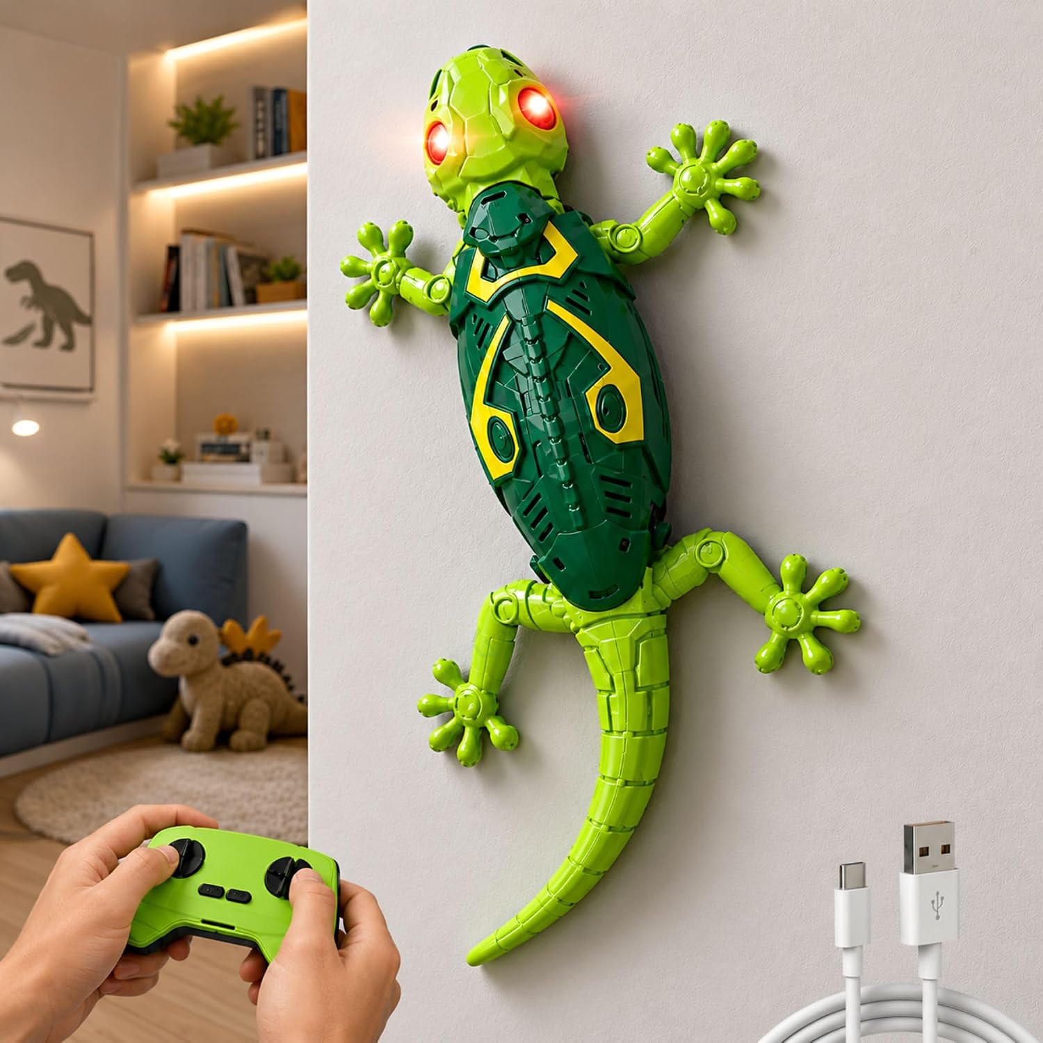 GRAPHENE Wall Climbing RC Toy with Remote Control Rechargeable Creepy Crawler Climbs Walls & Ceilings 360° Stunt RC Glowing LED Eyes Lizard Prank Toy for Kids Boys Girls Birthday Gift (Green)