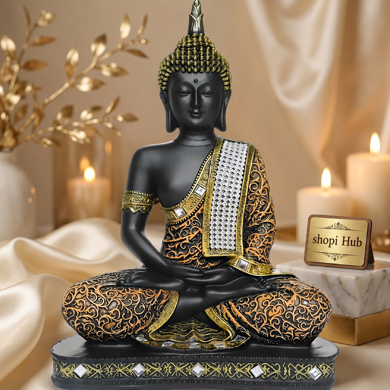New Limited Edition 25 Centimetre Meditating Sitting Buddha Idol Statue showpiece Home Decor Decoration Items for Living Room and Gifts (1, Orange Black)