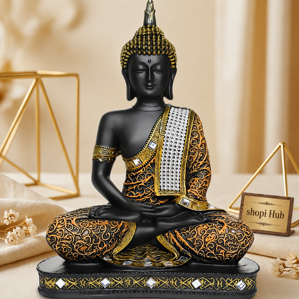 New Limited Edition 25 Centimetre Meditating Sitting Buddha Idol Statue showpiece Home Decor Decoration Items for Living Room and Gifts (1, Orange Black)
