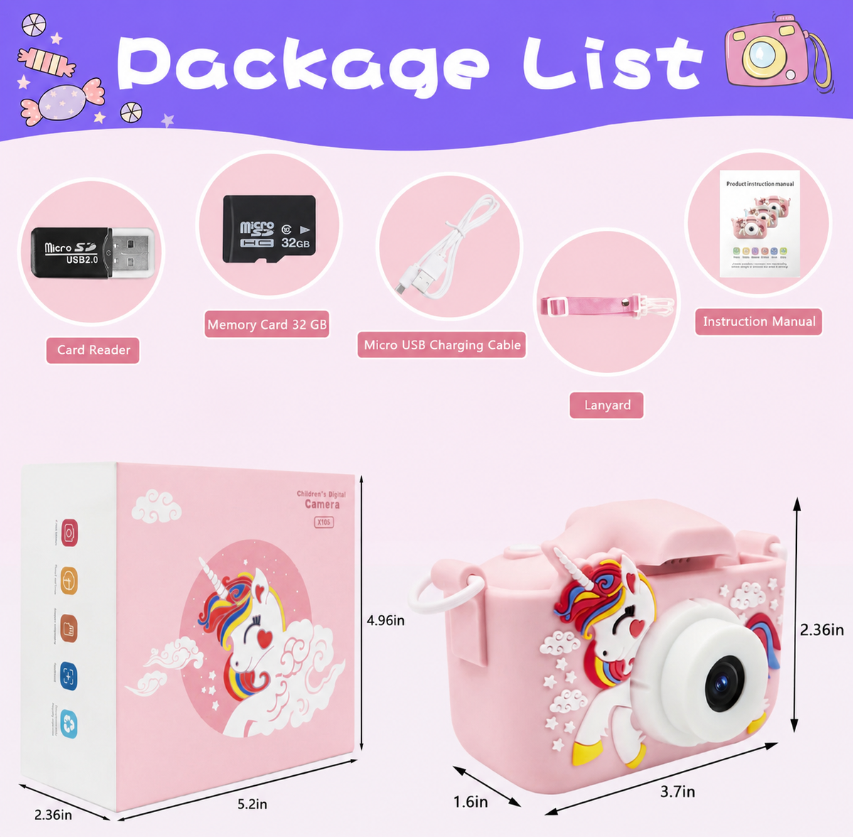 New Unicorn Kids Camera Toys Cute Horse 32MP1080P HD Digital Camera for Toddler Kid Christmas Birthday Festival Children Gifts